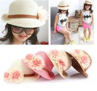Wholesale Baby Flower Caps Kids Straw Fedora Hat Children Summer Hat Jazz Cap Two flower sun pink beige children Beach Hat K249