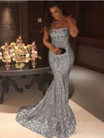 Wholesale 2019 New Sparkling Strapless Sequins Mermaid Evening Dresses Silver Gold Sweep Train Formal Party Red Carpet Run Away Prom Gowns E033