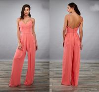 Wholesale Lastest Designer Coral Bridesmaid Evening Jumpsuits Pantsuit Dresses with Spaghetti Straps Ruch Chiffon Long Wedding Party guest Dress