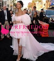 Wholesale 2020 Stunning Actress Chika Ike Pink Prom Dresses Off The Shoulder Princess Puffy Sleeves Appliques High Low Formal Evening Occasion Dresses