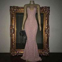 Wholesale 2020 Stunning Rose Pink Gold Sequined Mermaid Prom Dresses Halter Neck Sleeveless Backless Sweep Train V Neck Formal Evening Wear Party Gown