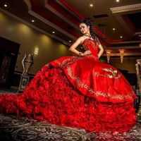 Wholesale Hot Sale Red Embroidery Ball Gown Quinceanera Dresses Sweetheart Neckline Ruffled Organza Prom Gowns Sweep Train Sweet Dress