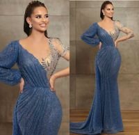 Wholesale Blue Evening Gowns Sheer Jewel Neck Beaded Lace Long Sleeve Mermaid Prom Dress Sweep Train Custom Made Illusion Robes De Soirée