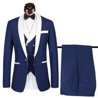 Wholesale New Custom Slim Fit Royal Blue Men Suits Wedding Groom Tuxedos Pieces Jacket Pants Vest with White Lapel Groomsmen Suits Best Man Blazer