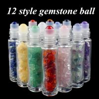 Wholesale 12 Natural Gemstone Essential Oil Roller Ball Bottles Clear Perfumes Oil Liquids Roll On Bottles with Crystal Chips ml