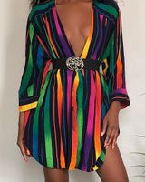 Wholesale Womens Designer Shirt Dresses Fashion Rainbow Colors Striped Printed Summer Dress Long Sleeve Plus Size Women Clothing