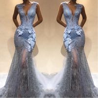 Wholesale 2019 Silver Grey Lace Mermaid Prom Dresses Sexy Deep V Neck Lace Appliqued Evening Dress Illusion Party Gowns