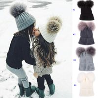 Wholesale Knitting Warm Hats With Double Fur Ball Pop Winter Beanie Hats Mom And Baby Family Matching Crochet Caps ZZA