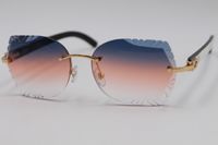 Wholesale Rimless Sunglasses Carved lens T8200762 White Inside Black Buffalo Horn Sunglasses New Rimless Glasses Hot Unisex SunGlasses New