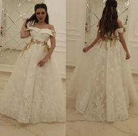Wholesale 2020 Lace Prom Dresses Off The Shoulder A Line Formal Evening Gowns Gold Lace Applique Plus Size Caftan Dresses Celebrity