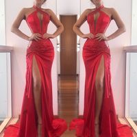 Wholesale robes de caftan abaya dubai Halter Red Prom Dresses Sleeveless Lace Appliques Evening Gowns With Slit
