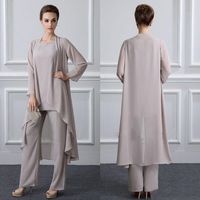 Wholesale 3 Pieces Chiffon Mother of the Bride PantSuits Gray Long Sleeves Mother of Groom Pants Costume Wedding Guest Formal Party Gowns