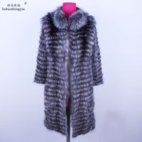 Wholesale Linhaoshengyue cm long real Silver fox red fox nature fur coat Wool knit liner stylish stand collar CJ191130