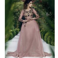 Wholesale blush prom dresses pink lace appliques stars long sleeve a line organza pink evening dresses vestidos de fiesta