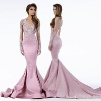 Wholesale Miss USA Pageant Dresses Mermaid Sheer Deep V Neck Lace Sweep Train Satin Plus Size Long Sleeves Evening Dresses Celebrity Prom Gowns AW366