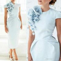 Wholesale New Elegant Formal Evening Dresses with Hand Made Flower Pageant Capped Short Sleeve Tea Length Sheath Prom Party Cocktail Gown