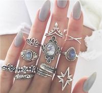 Wholesale 11 set Women Boho Carving Flowers Leaves Water Drop Stars Crystals Gem Joint Ring Lady Party Silver Wedding Ring