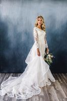 Wholesale 2019 New Simple A line Modest Wedding Dresses With Long Sleeves Scoop Neck Champagne Lace Appliques Flowers Modest LDS Bridal Gown