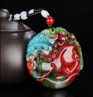 Wholesale Pure natural colorful jade carving round animal beast pendant Three color jade bead necklace