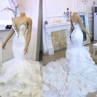 Wholesale Tiered Ruffles Long Sexy Bridal Gown Sexy Plunging V Neck Mermaid Wedding Dresses Crystals Beaded Plus Size Bride Dress