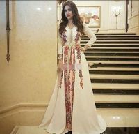 Wholesale New Evening Dresses Moroccan Caftan Kaftan Amazing Embroidery V neck Occasion Prom Formal Gown Dubai Abaya Arabic Long Sleeve Prom Dresses
