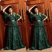 Wholesale 2020 Dubai Arabic Dark Green Formal Evening Dresses with Long Sleeve Muslim Kaftan Abaya D Floral Lace Occasion Prom Gown