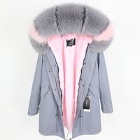 Wholesale 2019 Maomaokong brand Grey fox fur trim hoody grey rex rabbit fur lining black long parkas women snow jackets