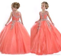 Wholesale New Little Girls Pageant Dresses for Teens Princess Tulle Jewel Crystal Beading Coral Kids Flower Girls Dress Birthday Gowns4363