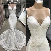 Wholesale New Stunning Lace Mermaid Wedding Dresses Elegant Sexy Spaghetti Straps Appliques Floor Length Long Bride Bohemian Wedding Gowns