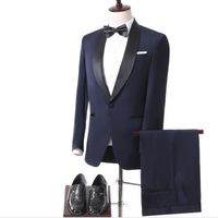 Wholesale 2019 New Dark Blue Formal Tuxedos Suits Shawl Lapel Men Wedding Suit Slim Fit Business Groom Suit Set Jacket Pants Bow