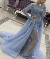 Wholesale Elegant Light Blue Evening Dresses with Detachable Skirt Illusion Long Sleeve Prom Dress Shining Sequin Applique Lace Special Occasion Dress