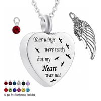 Wholesale Your wings were ready but my heart was not Piece Birthstone Urn Necklace Heart Memorial Keepsake Holder Urn Pendant Ash Cremation Jewelry