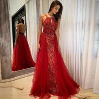 Wholesale Red Spaghetti A Line Prom Dresses Open Back Sexy Custom Made Tulle Long Floor Formal Party Evening Dresses Gown