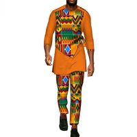 Wholesale Formal Party Mens African Clothing Dashiki Long Sleeve Shirt and Pants Set Print Trousers Patchwor Cotton Clothing WYN94
