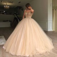 Wholesale Champagne Spaghetti Ball Gown Quinceanera Dresses Vintage Sequined Beaded Evening Prom Gown Formal Party Pageant Dress