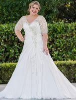 Wholesale Selling Hot New V Neck A Line Wedding Dresses With Half Sleeves Long Princess White Chiffon Bridal Gowns Plus Size Crystal Handmade Top