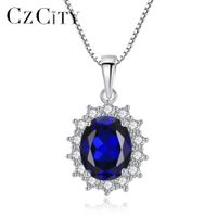 Wholesale Czcity Elegant Oval Princess Diana William Sapphire Pendant Necklace For Women Sterling Silver Charms Necklace Jewelry MX190726