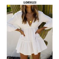 2019 Sexy V Cou Profond V Retour Manches évasées Taille Haute Femmes Plage D été Porter Une Ligne Mini Robe Blanc Coton Tunique Sarong N840