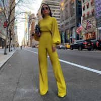 Wholesale New Women Autumn Elegant Fashion Slim Fit Solid Skinny Casual Overalls Office Look Work Lantern Sleeve Mock Neck Jumpsuits