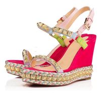 Wholesale 2020 Elegant Studs Red Bottom Pyraclou Wedges Sandals For Women Lady High Heels Luxury Designer Walking Ankle Strap Women s Shoes