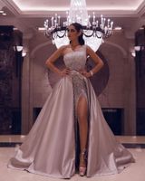 Wholesale Evening Dresses with Detachable Skirt Rose Pink One Shoulder Sexy High Slit Formal Prom Dresses Plus Size Party Gala Gowns