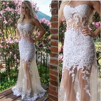 Wholesale Sexy White Mermaid Prom Dress Beaded Appliques Lace Dresses Sheer Neck See Through Long Red Carpet Dresses Formal Party Gowns