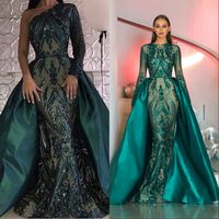 Wholesale Amazing Prom Dresses Long Sleeves Sequined Lace Dark Green Detachable Train Tail Prom Dresses Vestidos De Festa Formal