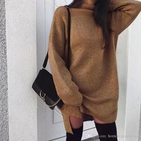 Wholesale Winter Knitted Dress for Women Fashion Cowl Neck Ladies Thick Dresses Sexy Womens Solid Dresses with Split