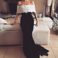 Wholesale Elegant Boat Neck White and Black Evening Dresses Stretch Satin Vestido de Fiesta Prom Gowns Custom Made Special Occasion Dress Lace
