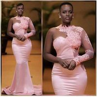 Wholesale African Nigerian Black Girls Pink Mermaid Evening Dresses One Shoulder Long Sleeve Prom Dress Formal Dress Evening Gowns Abendkleider
