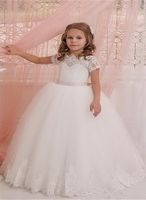Wholesale Cute Elegant white Flower Girl Dresses Short Sleeve Lace Applique Fluffy Tulle For Wedding Princess Kids Birthday Dresses