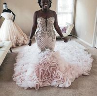 Wholesale Blush Pink Plus Size Mermaid Wedding Dresses African Beads Appliqued Tiered Skirts Sweetheart Trumpet Bridal Gowns Beach Wedding Dress
