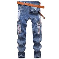 Wholesale Men s Jeans Mens European American Style Snow Grain Washed Pocket Pattern Stitching Long Denim Pencil Pants For Male