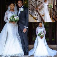 Wholesale Spring Country Lace Mermaid Wedding Dress with Long Sleeves Detachable Train Jewel Neck White African Nigerian Lace Bridal Gown